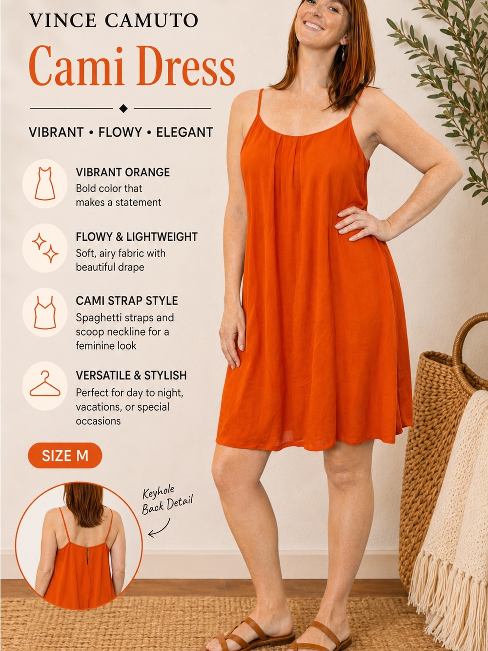 Vince Camuto Orange Cami Dress Size Medium Lightweight Flowy Shift Dress NWT